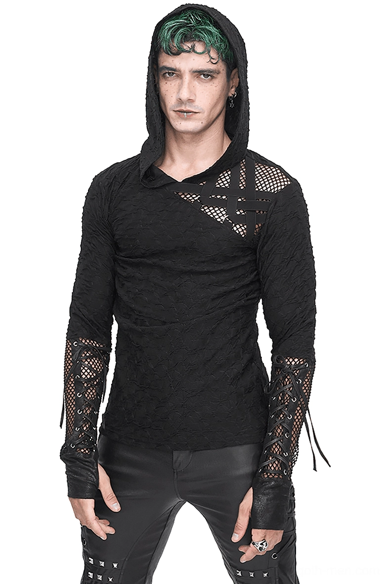 Male model wearing black gothic mesh panel hooded top with green streaked hair, front view showcasing asymmetrical mesh details