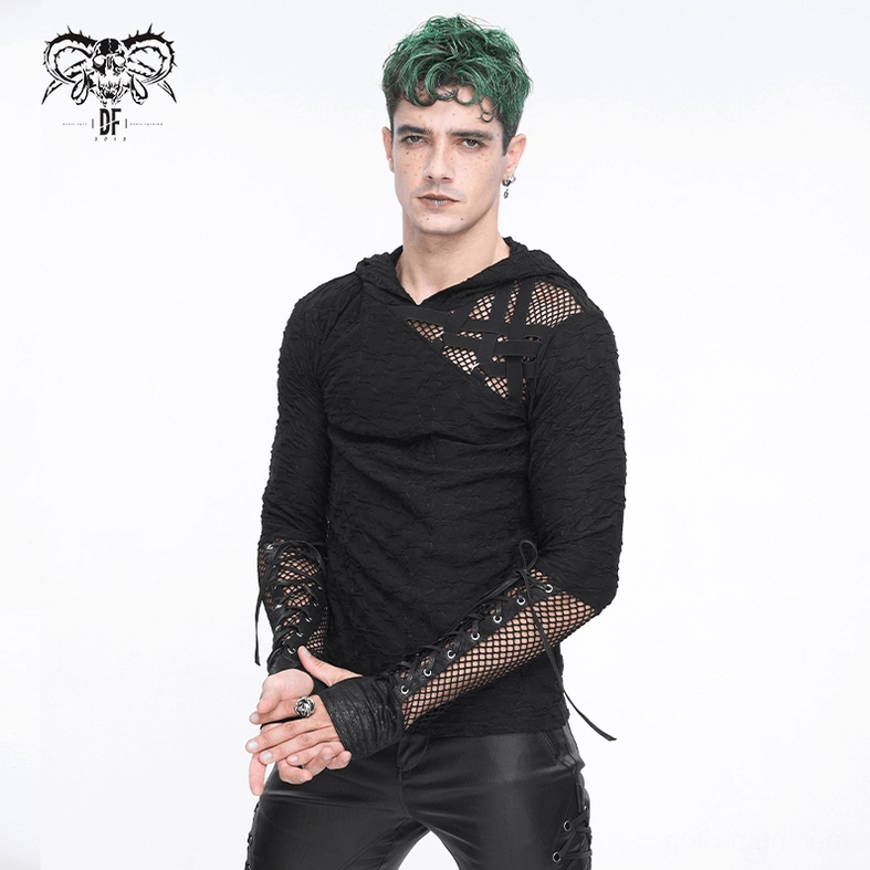 Black gothic mesh panel hooded sweatshirt detailed view of hood construction and shoulder mesh details