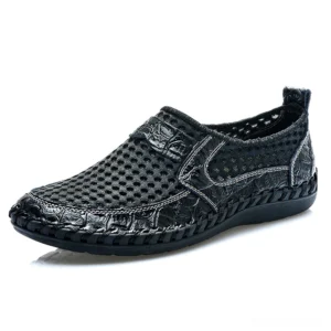 Black gothic mesh loafers with croc-embossed leather accents, side flat view showing breathable upper