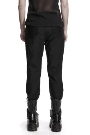 Black gothic slim-fit mesh pants with double-layer front panels and thigh buckles - full length rear view