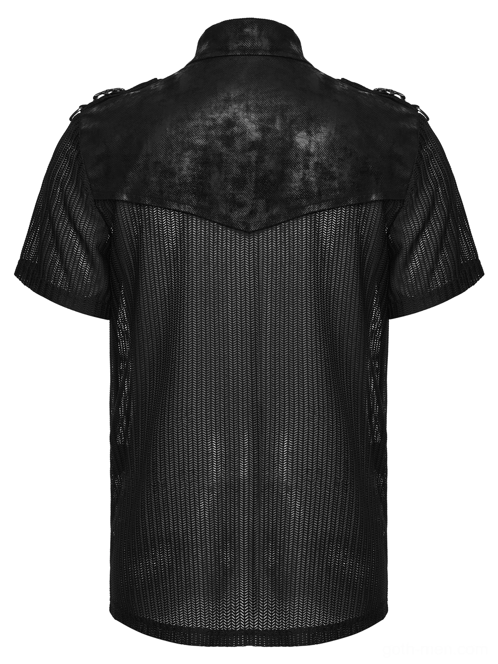 Black gothic mesh shirt back flat lay, showing solid mesh back panels and textured distressed yoke