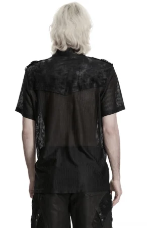 Black gothic mesh shirt back view, displaying full back mesh panels and textured rubberized twill yoke detail