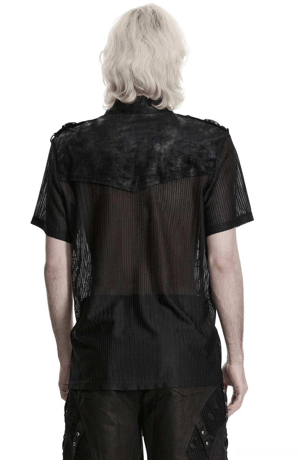 Black gothic mesh shirt back view, displaying full back mesh panels and textured rubberized twill yoke detail