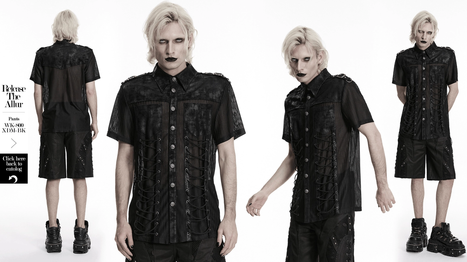 Black gothic mesh shirt overall product presentation, complete industrial alternative fashion aesthetic