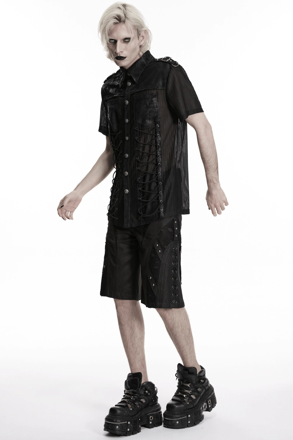 Black gothic mesh shirt alternate front angle view, lace-up side panels and button front closure