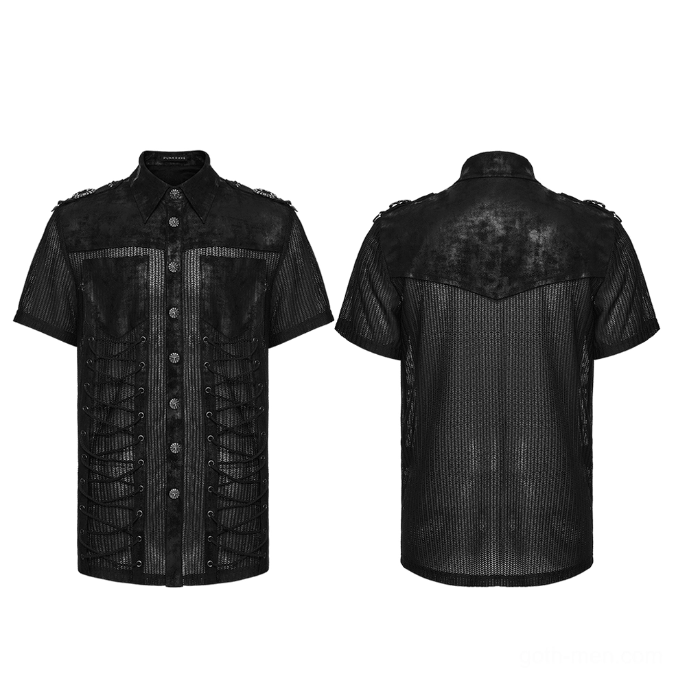 Black gothic mesh shirt front and back flat lay, showing complete lace-up side panel design and button closure