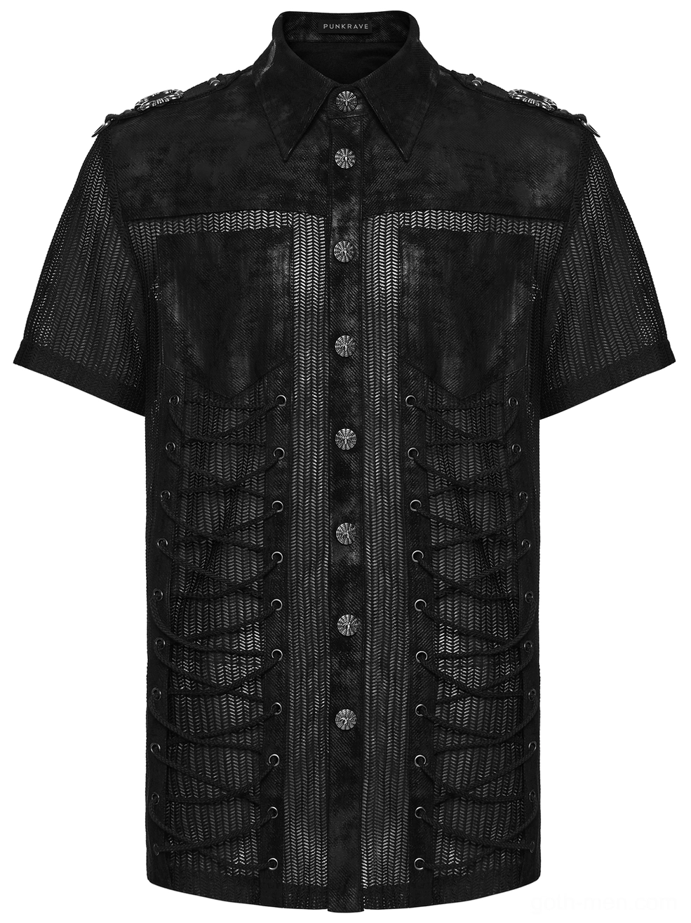 Black gothic mesh shirt front flat lay detail, featuring epaulet shoulders, ornate metal buttons, and side lace-up trim