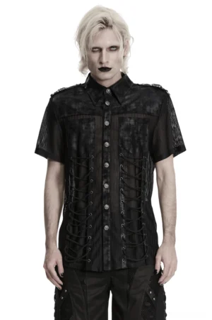 Black gothic mesh shirt with lace-up side panels front view, showing sheer mesh panels, button front closure, and metal hardware