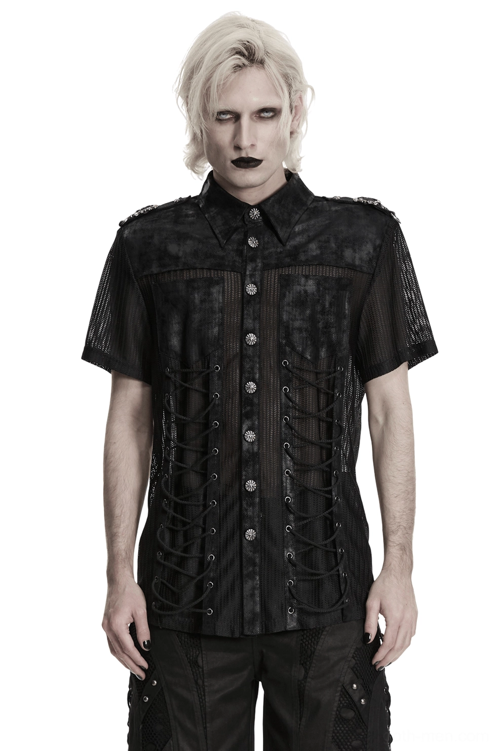 Black gothic mesh shirt with lace-up side panels front view, showing sheer mesh panels, button front closure, and metal hardware