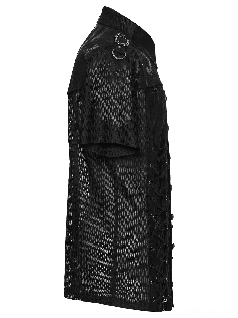 Black gothic mesh shirt side view, displaying lace grommets, shoulder D-rings hardware, and short sleeve construction