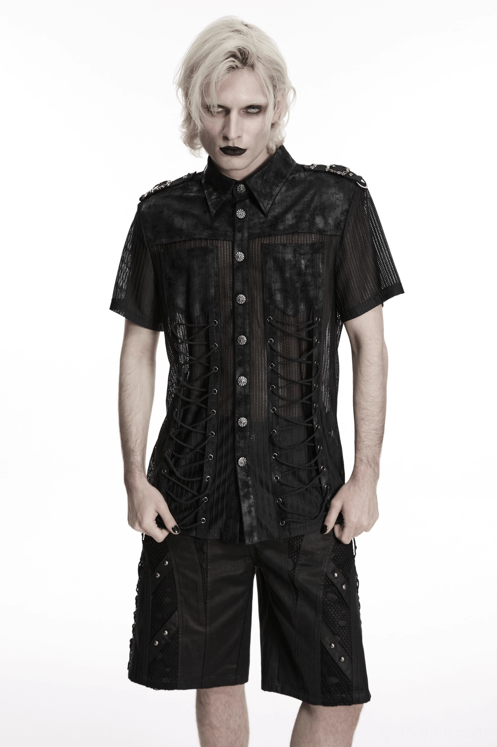 Black gothic mesh shirt styling showcase, industrial punk aesthetic with layered mesh and rubberized fabric