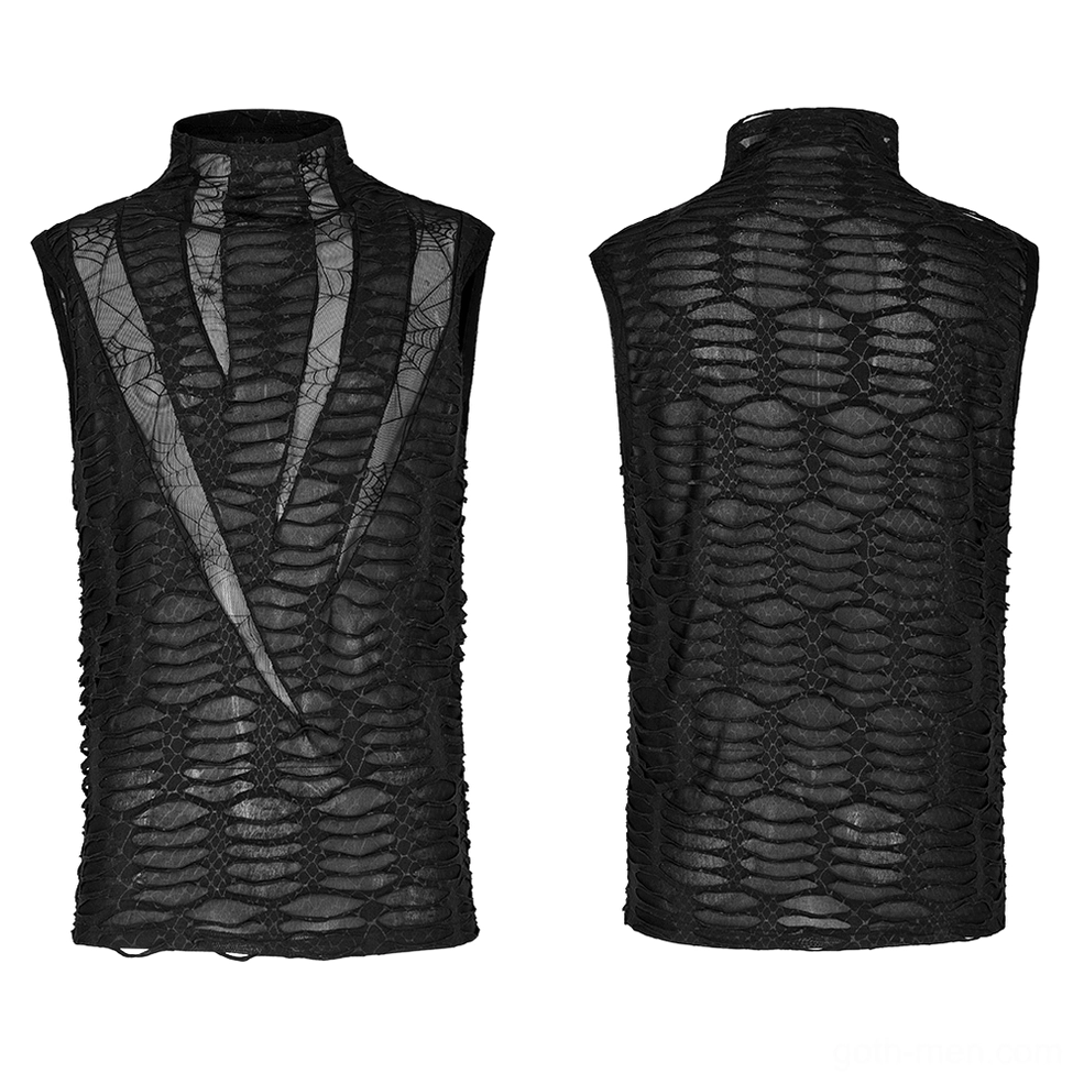 Black asymmetric gothic sleeveless top men - front and back flat lay showing sheer mesh panels and mock neck
