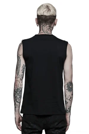Black gothic mesh tank top rear view, solid cotton back panel, worn by tattooed male model, back perspective