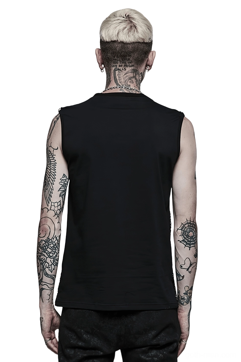 Black gothic mesh tank top rear view, solid cotton back panel, worn by tattooed male model, back perspective