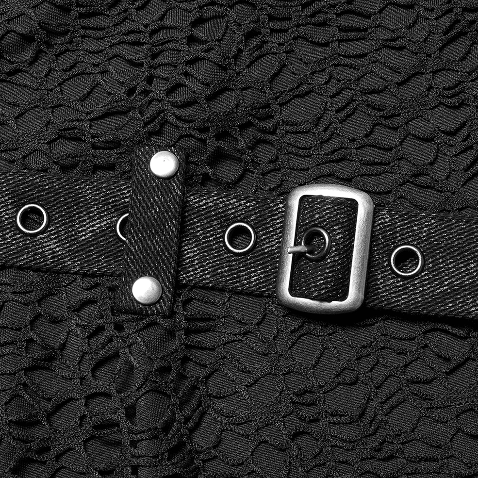 Black gothic mesh tank top buckle strap detail close-up, silver belt buckle and eyelet holes over lace mesh