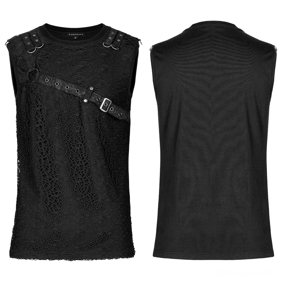 Black gothic mesh tank top flat lay front and back display, dual fabric construction with lace mesh and solid cotton
