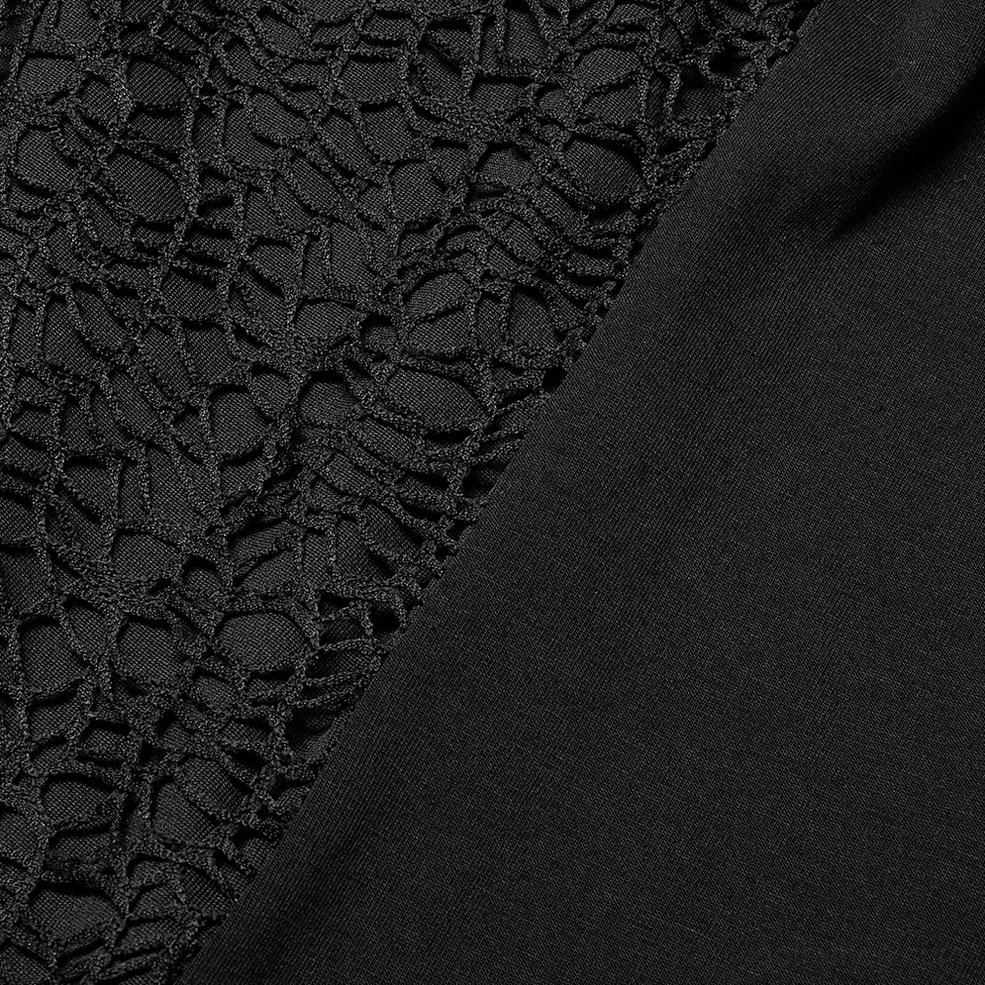 Black gothic mesh tank top full front view, lace mesh construction with metal hardware accents