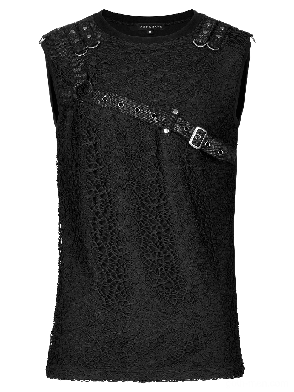 Black gothic mesh tank top front flat lay showing crossbody leather strap and shoulder buckle details