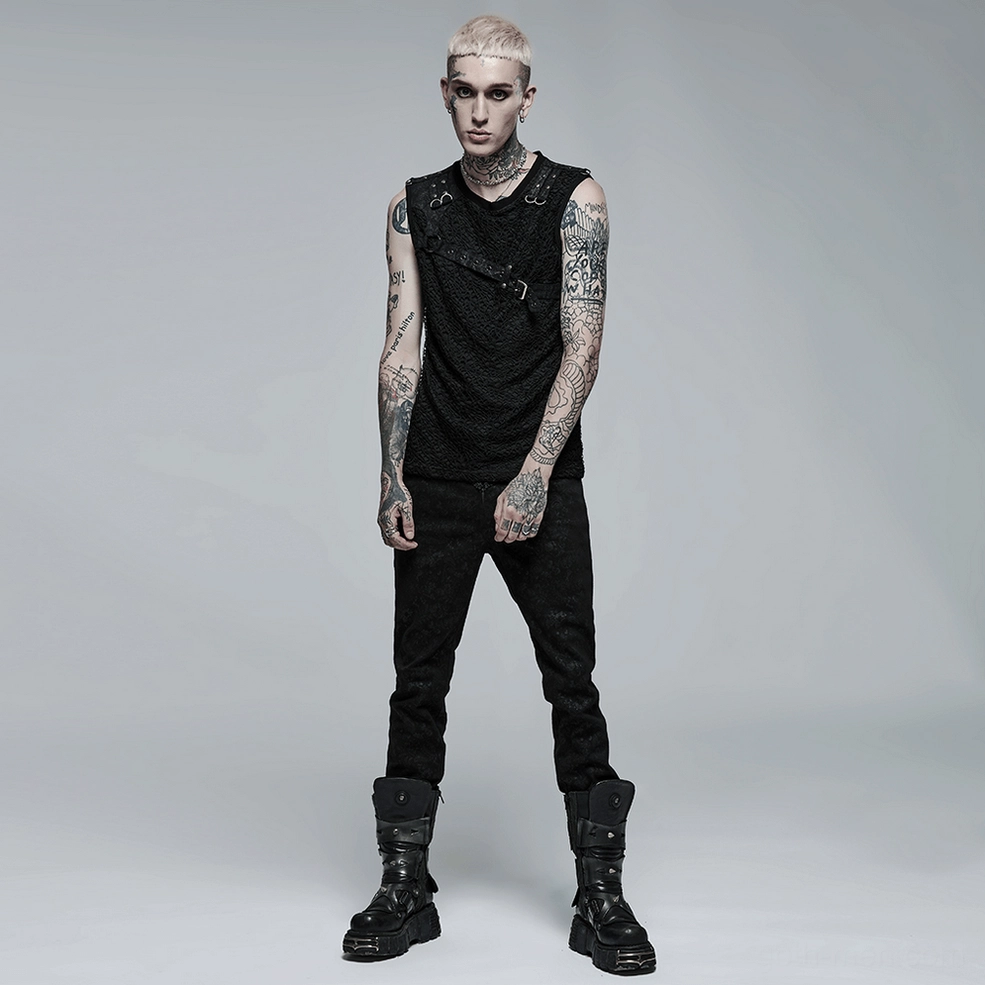 Black gothic mesh tank top detail view, leather and metal hardware accents on mesh fabric