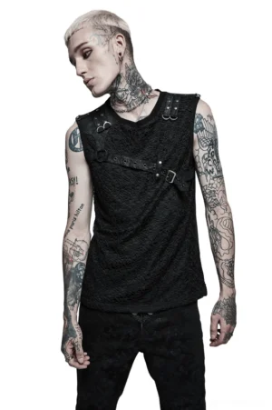 Black gothic mesh tank top with leather straps and D-ring shoulder hardware, worn by tattooed male model, side profile view