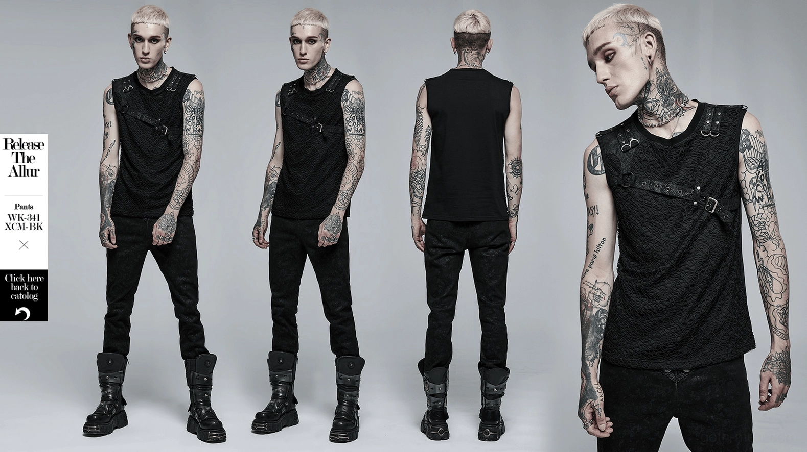Black gothic mesh tank top primary product image, sleeveless lace mesh tank with leather and D-ring hardware
