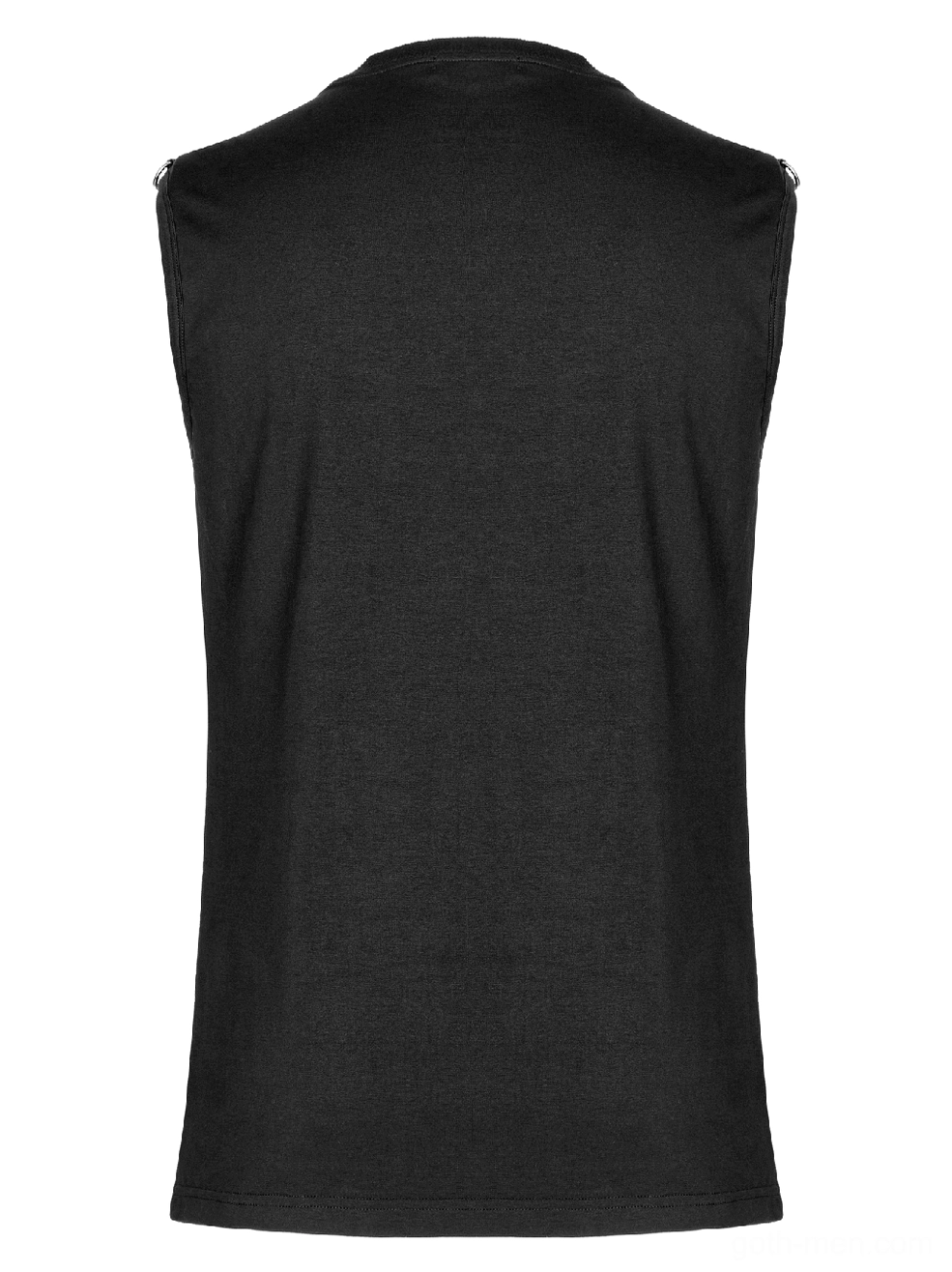 Black gothic mesh tank top rear panel flat lay, solid black cotton jersey fabric without decoration