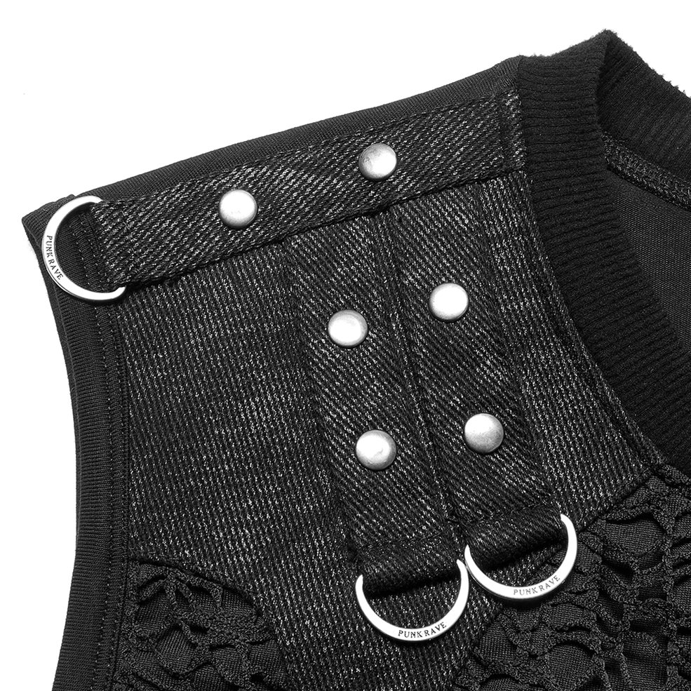 Black gothic mesh tank top shoulder hardware close-up, silver metal D-rings and leather strap detail