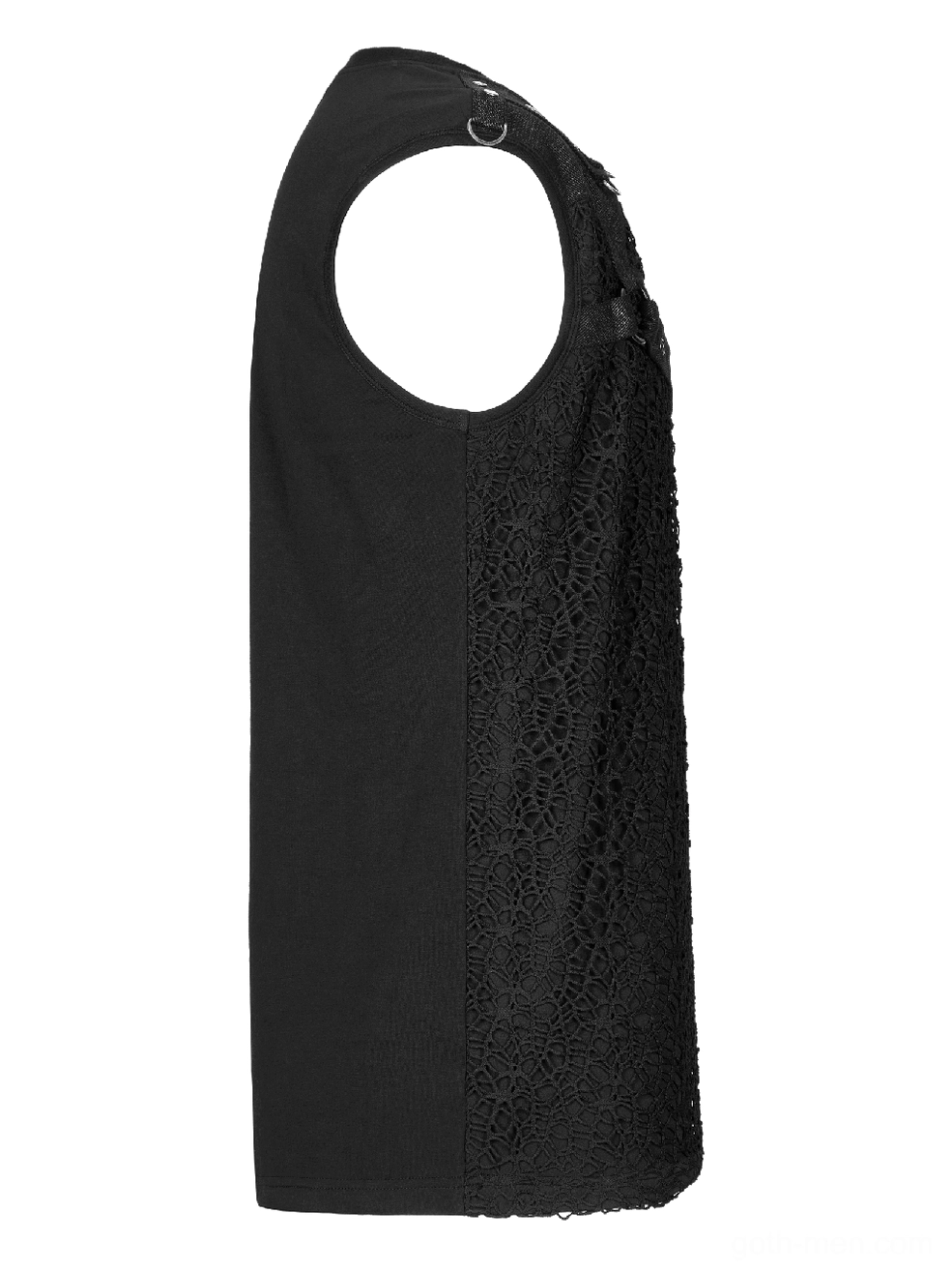 Black gothic mesh tank top side profile flat lay, sleeveless dual fabric construction detail
