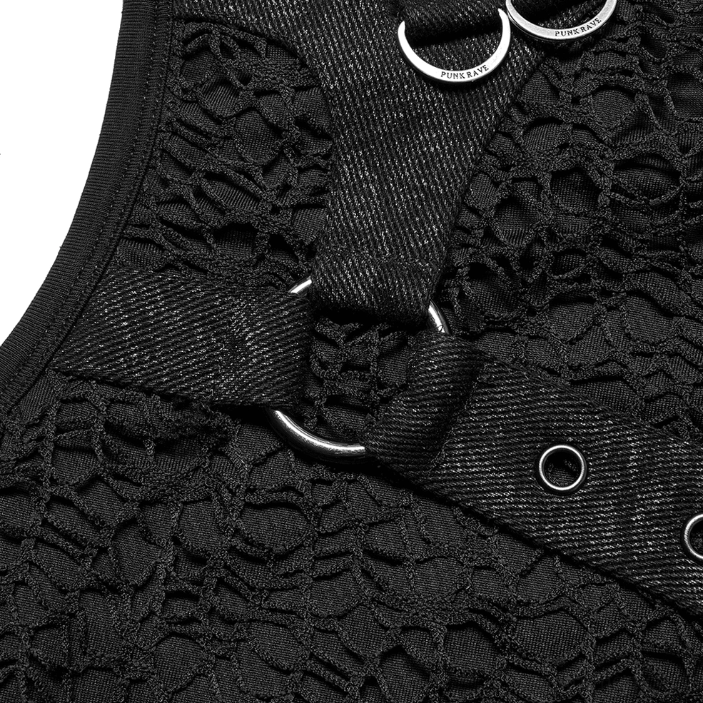 Black gothic mesh tank top strap hardware close-up, silver D-rings and leather strap over lace mesh