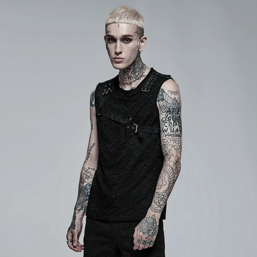 Black gothic mesh tank top styled wear view, demonstrating industrial gothic aesthetic and hardware positioning