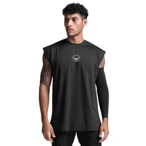 Black gothic mesh tank top sleeveless shirt for men with chest print, front view on tattooed male model