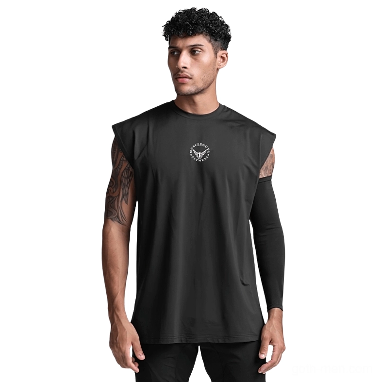 Black gothic mesh tank top sleeveless shirt for men with chest print, front view on tattooed male model
