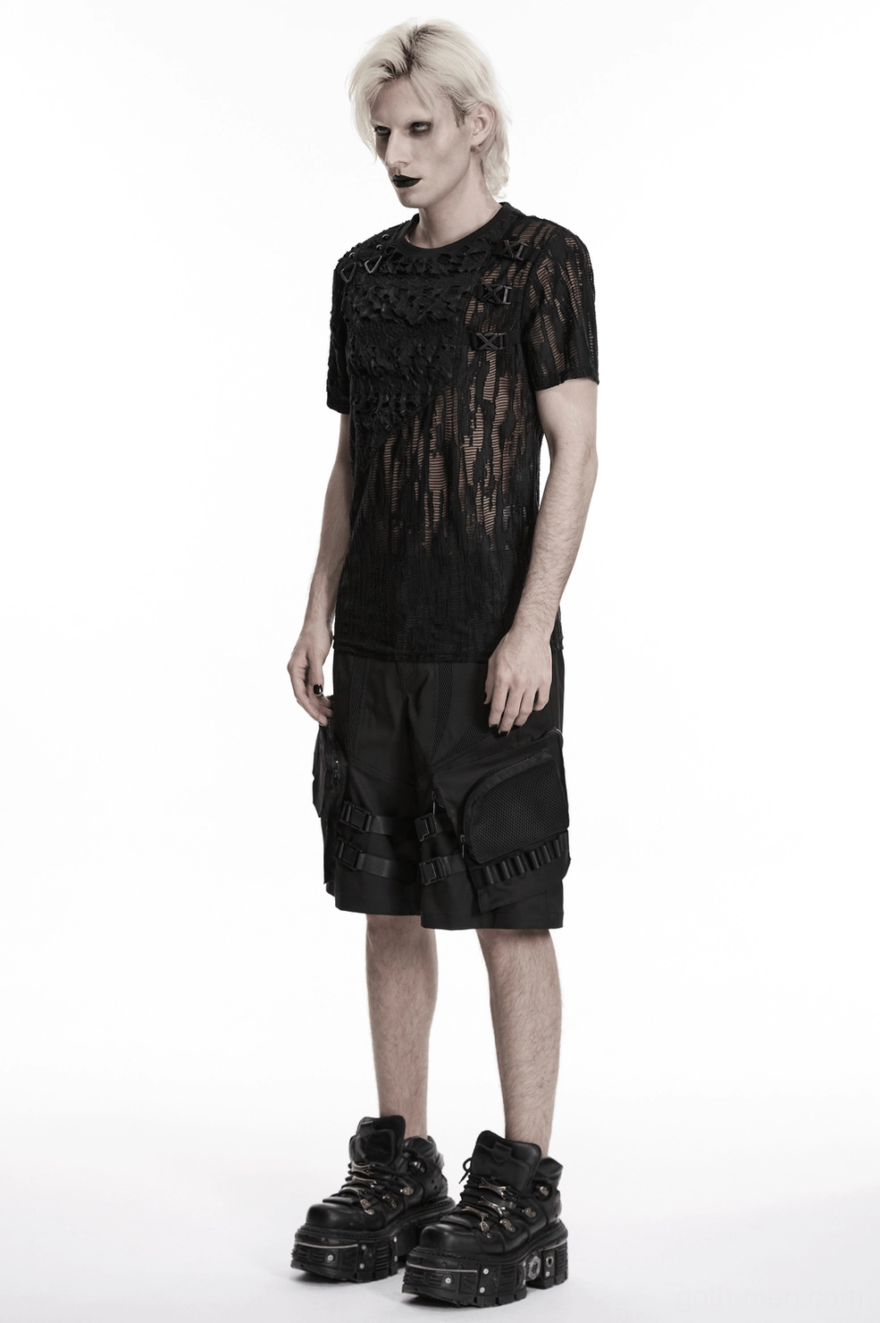 Black mesh gothic T-shirt front full-body view on model displaying sheer mesh panels and lace-up shoulder decoration