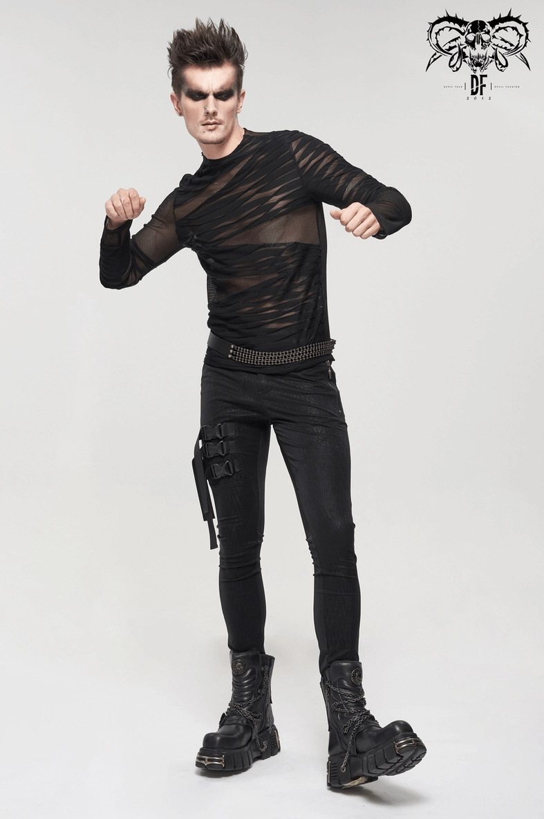Black gothic mesh long sleeve top detail view highlighting asymmetric striped mesh pattern