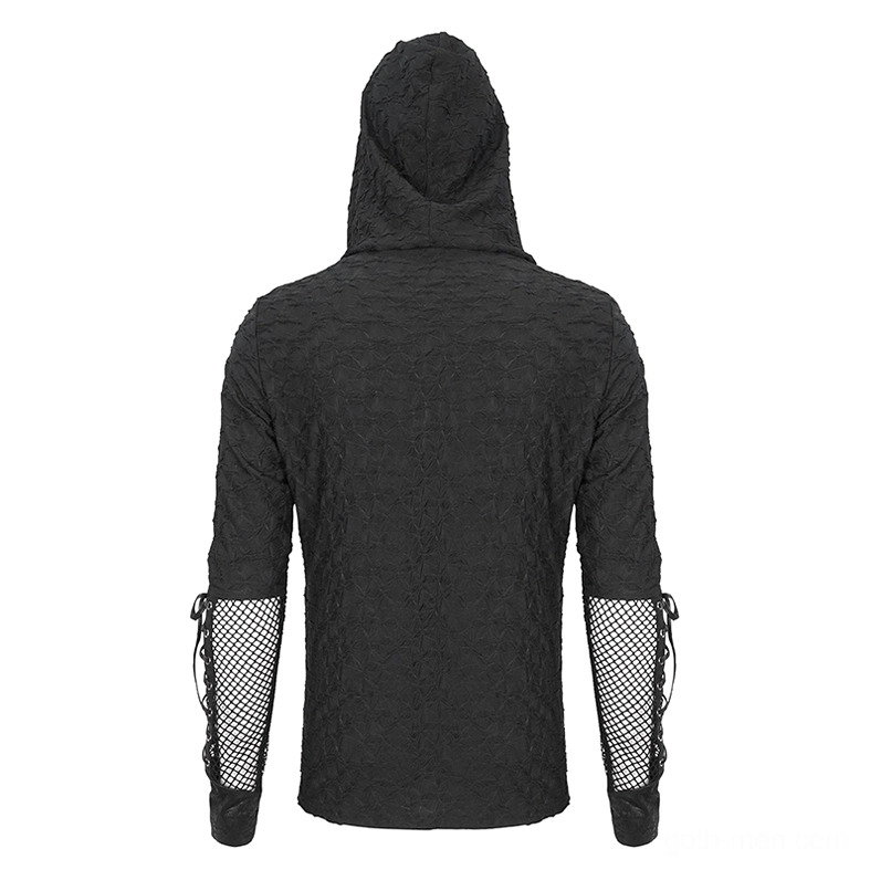Black gothic hooded mesh top back view displaying lace-up fingerless sleeves with metal eyelets and leather details