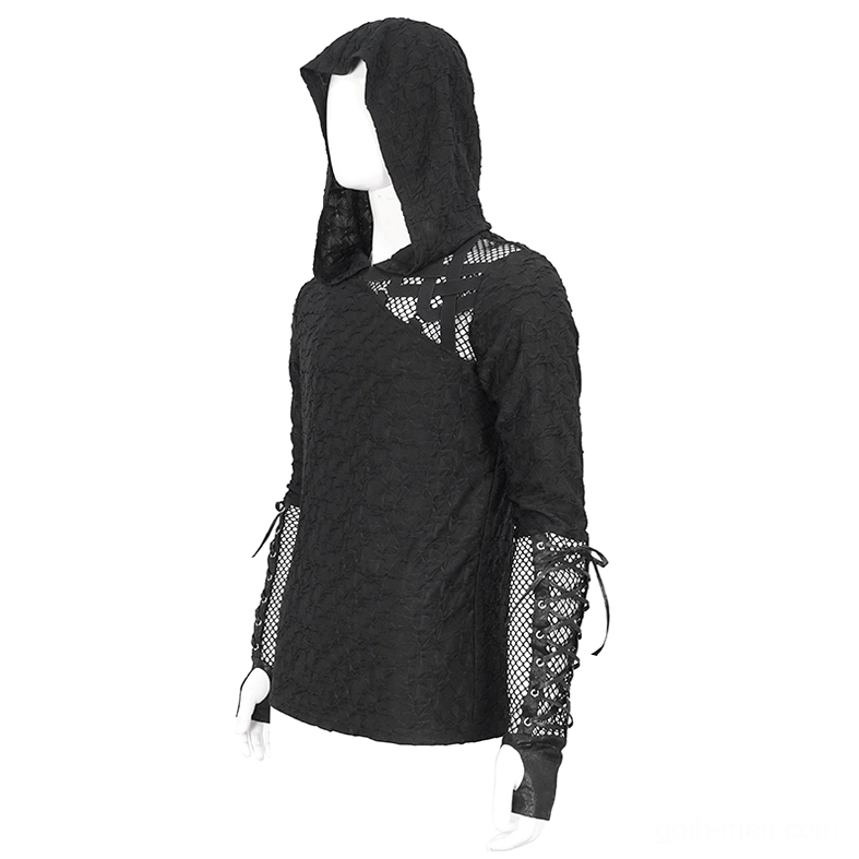 Black gothic mesh panel hooded sweatshirt left side view with hood up, single mesh sleeve detail visible