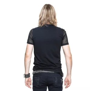 Black punk mesh t-shirt back view with studded belt, gothic short sleeve tee