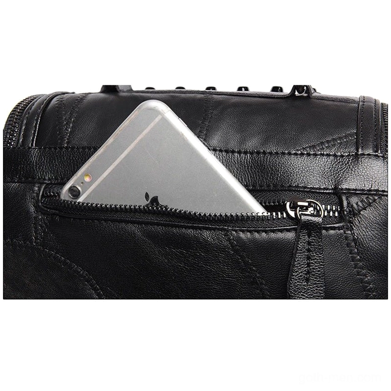 Black studded sheepskin Gothic messenger bag styling shot demonstrating alternative fashion aesthetic