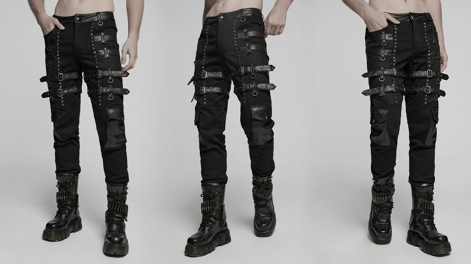 Complete front view of black gothic metal studded combat pants on model demonstrating fitted silhouette
