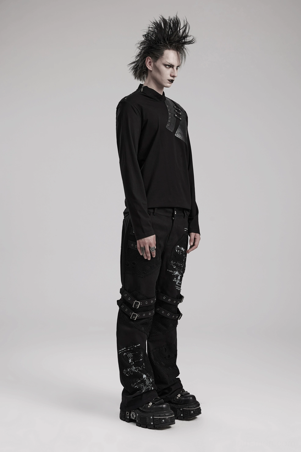 Full product view of black gothic metal rivet long sleeve sweatshirt showing overall silhouette and proportion