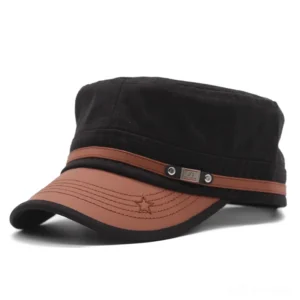 Black gothic army cap with adjustable metal strap and brown leather brim detail