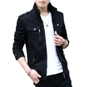 Black Darkwave Stand Collar Military Jacket – Men's Zipper Tactical Wear Front