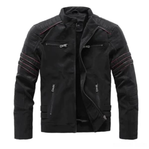 Black gothic stand collar PU leather motorcycle jacket with quilted details and multi-zipper pockets, front view flat lay
