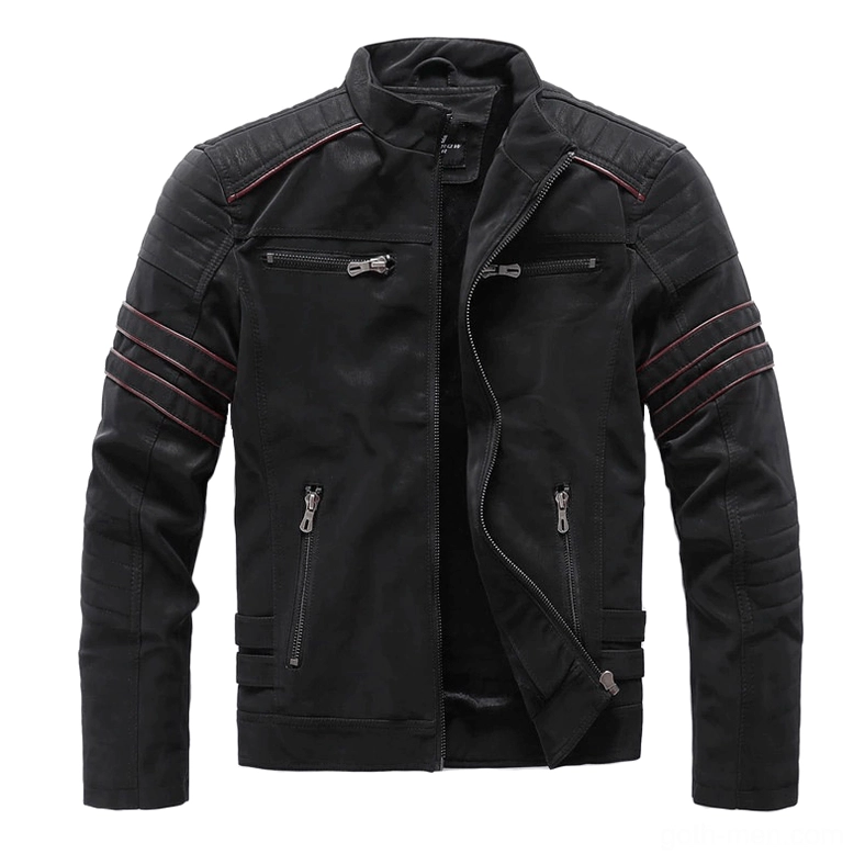Black gothic stand collar PU leather motorcycle jacket with quilted details and multi-zipper pockets, front view flat lay