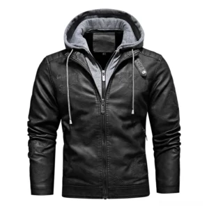 Men's black faux leather hooded gothic motorcycle jacket with fleece lining - front view
