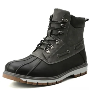 Black and gray gothic motorcycle boots with plush lining front three-quarter view waterproof split leather