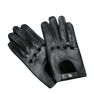 Men's black gothic full-finger leather motorcycle gloves with ventilation perforations and wrist snap fastener, frontal flat lay view