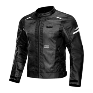 Black gothic motorcycle jacket front view with mesh ventilation panels and reflective safety strips