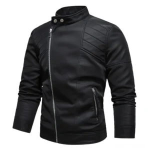 Black gothic stand collar faux leather motorcycle jacket with diagonal zipper front view