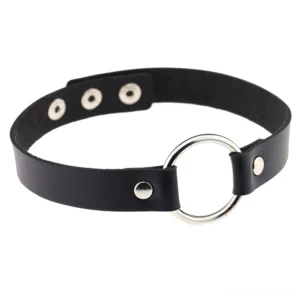 Black gothic PU leather choker with polished silver zinc alloy O-ring, adjustable stud fasteners, flat lay front view